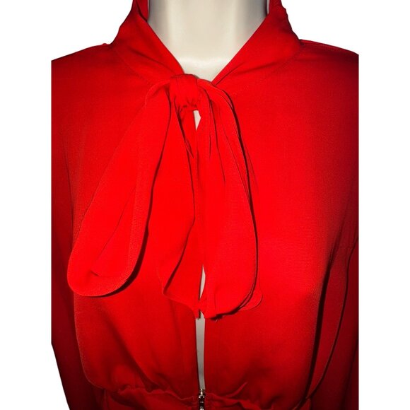 Fashion Nova Red Long-Sleeve‎ Blouse Tie Neck & Ruched Waist XL Sexy Secretary - Picture 2 of 6